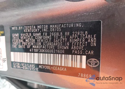 2006 Toyota Camry Xle V6 from USA, damaged, VIN 4T1BF30K66U621606